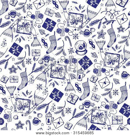 Seamless Christmas Pattern Of Blue Elements With A Line On A White Background. Christmas Doodle Sket
