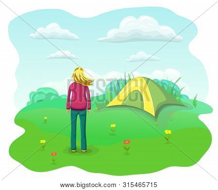 Relaxing Woman In Nature. Summer Camping Flat Landscape. Relaxed And Happy Girl With Flying Hair Nea