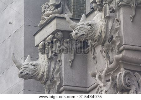 Capital And The Upper Part Of The Facade With Sculptures Of Animals On The Historic Art Nouveau Buil