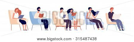 Readers Characters. Persons Reading Books Sitting On Chair In Bookstore. Students Studying In Univer