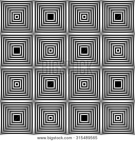 Abstract Vector Seamless Pattern. Monochrome Graphic Black And White Ornament. Striped Optical Illus