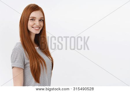 Self-assured Motivated Redhead Talented Female Student Blue Eyes Wearing Striped T-shirt Standing Pr