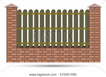 Brick Fence Vector Illustration Isolated On White Background With Metallic