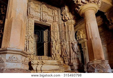 Interior Of Shive Temple In Khajuraho, India. Artworks, Columns, Reliefs And Altar In The 10th Centu