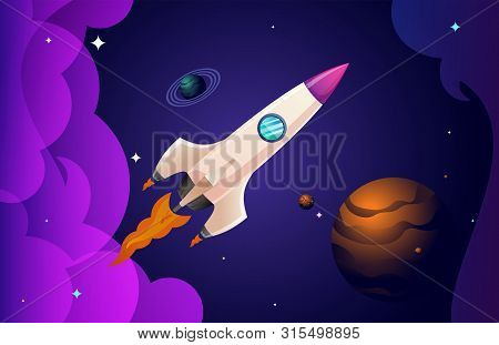Rocket Flying In Space Near Another Planet. Colored Vector Illustration.