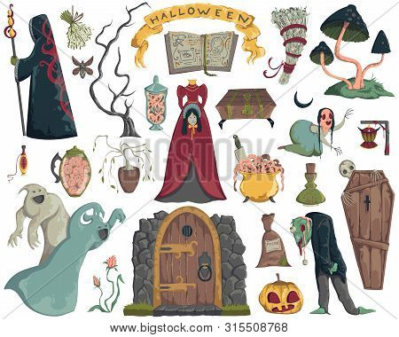 Halloween Design Elements Set. Scary Characters, Ghosts, Coffin, Witcher, Book Of Spells, Potions, M