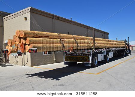 A Semi Trailer Loaded With Long Fir Or Pine Logs  Is In  Parking Lot.