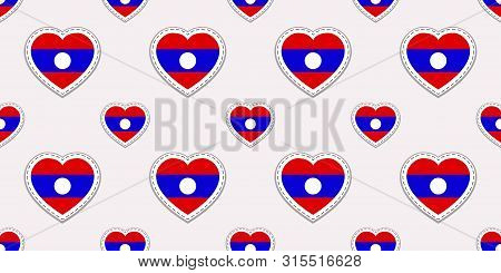 Laos Flags Background. Vector Stickers. Love Hearts Symbols. Laotian Flag Seamless Pattern. Good Cho