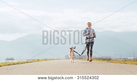 Bright Sunny Morning Canicross Exercises. Female Runs With His Beagle Dog And Happy Smiling.