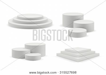 Podium Realistic. Round And Square Empty Stages And Podium Stairs Vector 3d Template. Illustration O