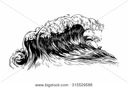Monochrome Drawing Of Sea Or Ocean Wave With Foaming Crest. Oceanic Storm, Tide, Seawave Hand Drawn 