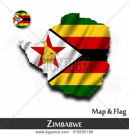 Zimbabwe Map And Flag . Waving Textile Design . Dot World Map Background . Vector .