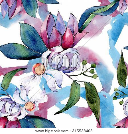 Bouquet Loral Botanical Flowers. Watercolor Background Illustration Set. Seamless Background Pattern