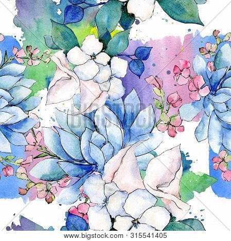Bouquet Loral Botanical Flowers. Watercolor Background Illustration Set. Seamless Background Pattern