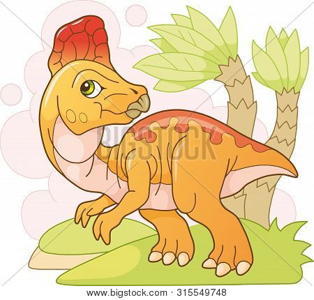 Cartoon Cute Prehistoric Dinosaur Corythosaurus, Funny Illustration