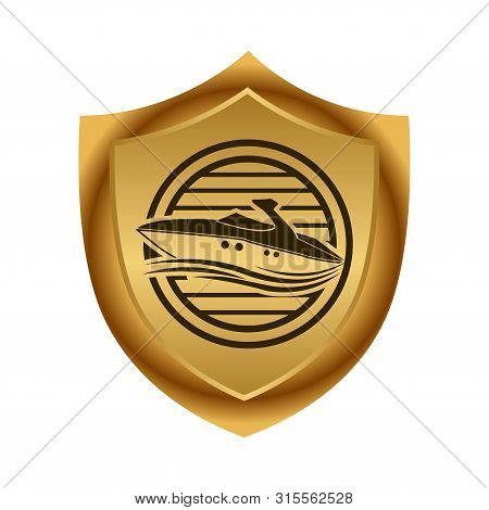 Boat And Gold Shield. Stock Icon. Vector Illustration.