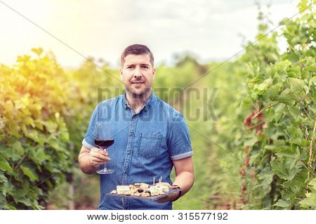 Happy Successful Winemaker In Vineyard Holding Glass Of Red Wine And Board With Cheese Nuts And Grap