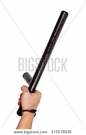 Bloody Hand Holding Black Rubber Police Baton With Blood Splats - Isolated On White Background