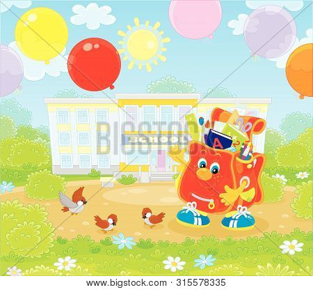 The First Of September. Happy Schoolbag Cartoon Character With Colorful Balloons In Front Of A Schoo