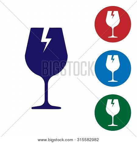 Blue Fragile Broken Glass Symbol For Delivery Boxes Icon Isolated On White Background. Set Color Ico