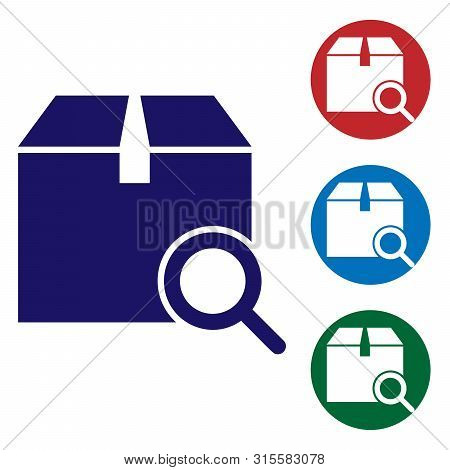 Blue Search Package Icon Isolated On White Background. Parcel Tracking Symbol. Magnifying Glass And 