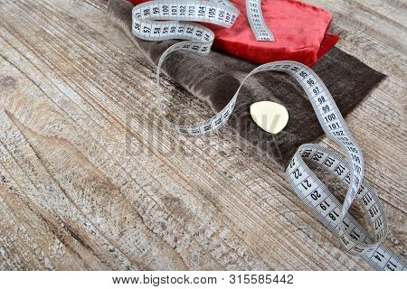 Sewing Tools And Sewing Supplies Accessories Sewing On Wooden Table.