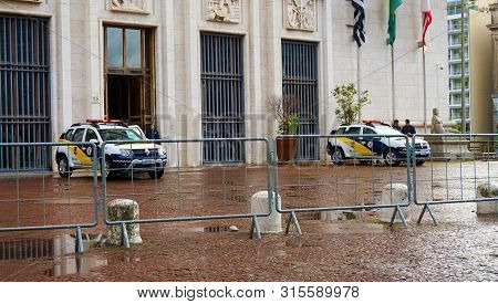 Sao Paulo, Brazil - May 16, 2019: Police In Front Of Sao Paulo City Hall Municipality, Brazil
