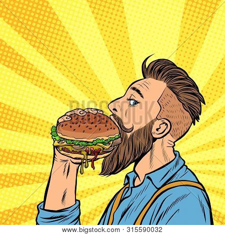 Hipster Man Eating Burger. Pop Art Retro Vector Stock Illustration Drawing