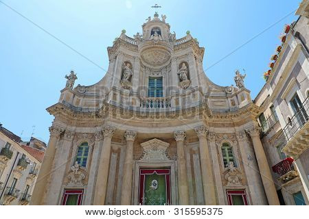 Detail Of Sicilian Baroque Church Of Basilica Della Collegiata In Catania, Sicily, Italy