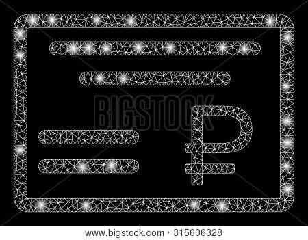 Glowing Mesh Rouble Cheque With Sparkle Effect. Abstract Illuminated Model Of Rouble Cheque Icon. Sh