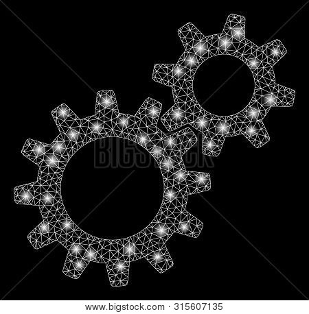 Bright Mesh Reduction Gears With Glow Effect. Abstract Illuminated Model Of Reduction Gears Icon. Sh