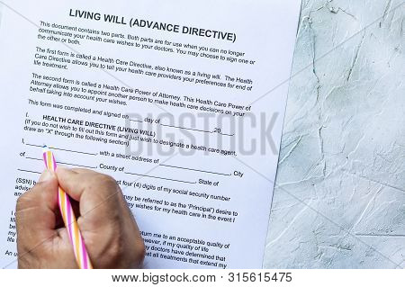 Filling Living Will Advance Directive Form. Top View