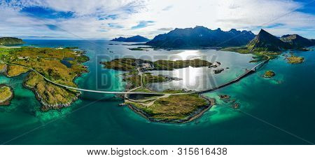 Fredvang Bridges Panorama. Lofoten islands is an archipelago in the county of Nordland, Norway. Is known for a distinctive scenery with dramatic mountains and peaks, open sea and sheltered bays.
