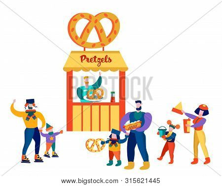 Happy Family Outdoors Vacation, Spare Time, Seller Prepare Fresh Bakery For Customers, Dad, Mom And 