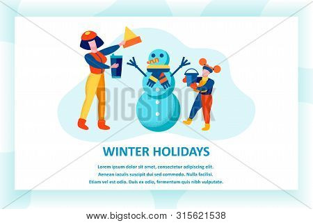 Winter Holidays Banner, Cheerful Mother And Daughter Making Snowman On Street, Woman And Little Girl