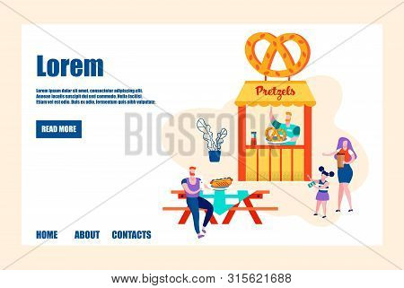 Seller Prepare Fresh Bakery For Customers, Young Family Of Dad, Mom And Daughter At Pretzel Stall Wa