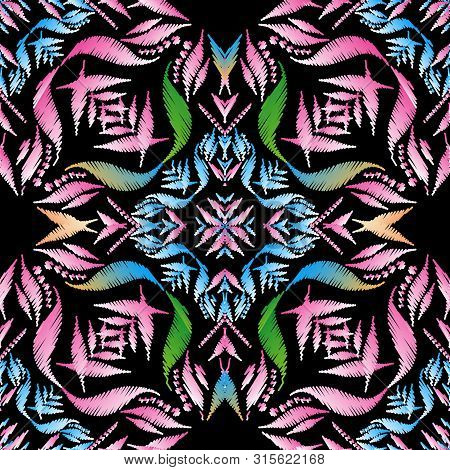 Ethnic Colorful Embroidery Vector Seamless Pattern. Ornamental Textured Tribal Background. Grunge Fl