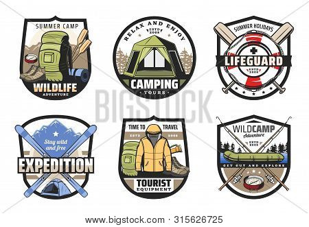 Camping, Travel Tour, Summer Vacation Outdoor Recreation And Mountain Adventure Vector Badges With T