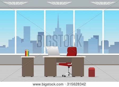 Office Room Business Interior. Home Or Corporate Offices Workstation With Chair And Computer, Table 
