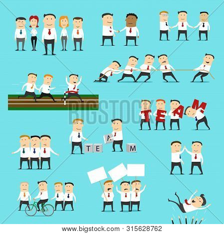 Business Team People Set Of Partnership, Teamwork And Cooperation Vector Concept. Businessmen And Bu