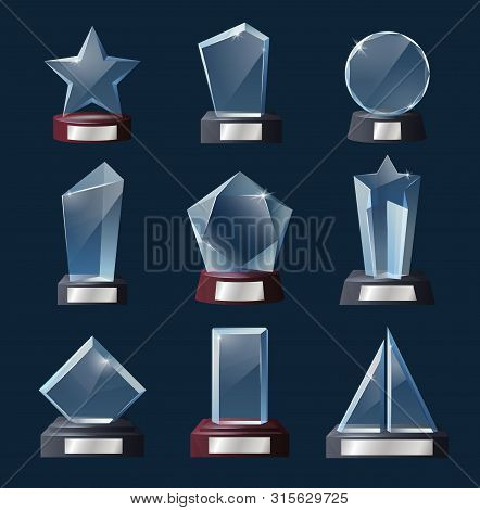 Glass Trophy 3d Vector Templates With Awards, Prizes And Winner Cups Of Sport Competition And Remind