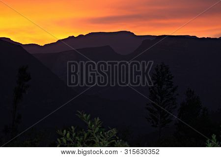 Silhouette Of The Mountains Around The Gocta Waterfall. Andean Sunset