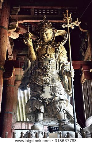 Nara, Japan - April 19th, 2018: View Inside The Daibutsuden, Great Buddha Hall, Of The Todaiji Templ