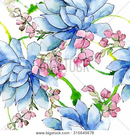 Bouquet Loral Botanical Flowers. Watercolor Background Illustration Set. Seamless Background Pattern
