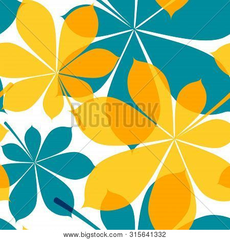 Seamless Pattern With Yellow And Turquoise Chestnut Leaves In Flat Style. Vector Illustration On Whi