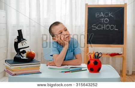 School Boy Sitting At Home Classroom Lying Desk Filled With Books Training Material Schoolchild Slee