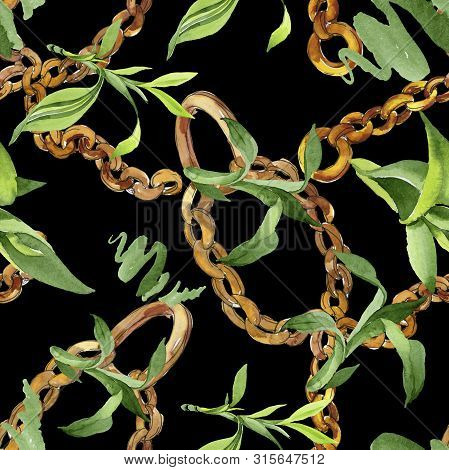 Bamboo Green Leaves. Watercolor Background Illustration Set. Seamless Background Pattern.