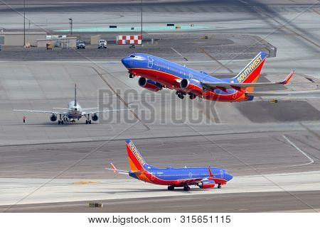 Las Vegas, Nevada, Usa - May 8, 2013: Southwest Airlines Boeing 737 Airliner Taking Off From Mccarra