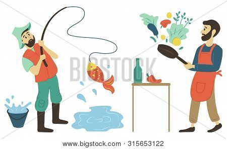 Men On Leisure Vector, Hobby Of People Male With Fishing Rod Catching Fish From Pond. Person Cooking