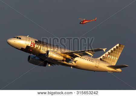 Las Vegas, Nevada, Usa - May 9, 2013: Spirit Airlines Airbus A319 Aircraft Taking Off From Mccarran 